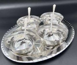 German Silver Plated Serving Set, 4 Bowls with 4 Spoons and Decorative Tray, (2011)