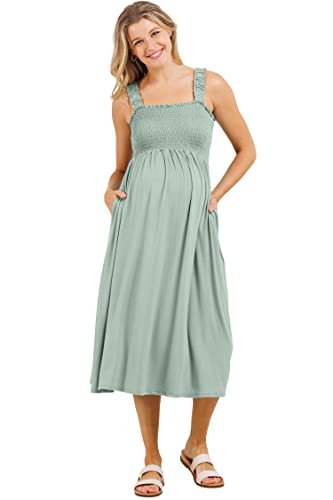 Women's Smocked Midi Maternity Dress With Pockets, Medium, Sage #TOP28