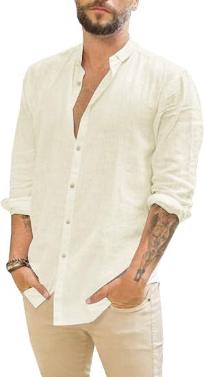 Runcati Camisa de lino para hombre, manga larga, para verano, playa, informal, corte regular, para el tiempo libre