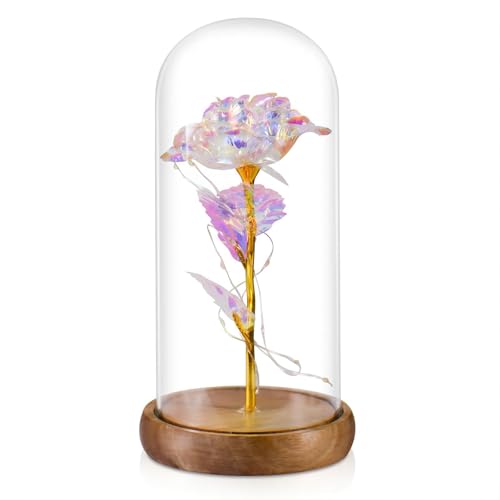 Juertown Galaxy Artificial Rose in Glass Dome - Premium Acacia Wood Base, Enchanted Eternal Flower for Home Decor, Unique Birthday Gifts for Women, Wife, Her