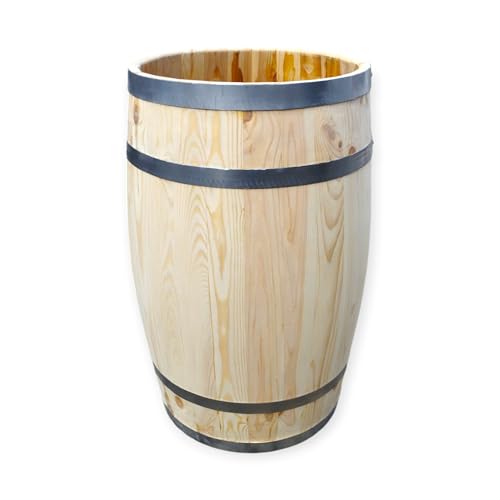 Barril de madera decorativo sin tapa – Barril de lluvia rústico o maceta de madera natural con neumáticos de metal – Hecho a mano resistente a la intemperie 135 litros