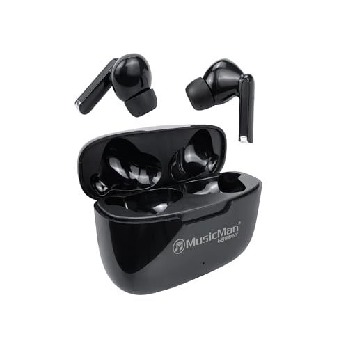 MusicMan Bluetooth In-Ear Kopfhörer mit Ladebox – TWS Earbuds mit Mikrofon, Touch-Steuerung, USB-C, 16h Laufzeit, 300h Standby, Schwarz – True Wireless BT-X63
