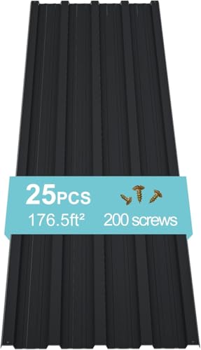 Jaxilyn 25 pcs Metal Roofing Panels 5ft Galvanized Steel Corrugated Roof Panels Gazebo Top Cover Garages,Sheds, Stables and Mobile Homes Replacement for Patio Outdoor Garden, Black 176.5 ft²