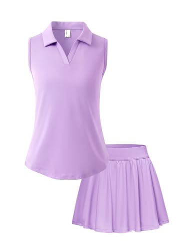 PATPAT Girls Tennis Outfits Size 11-12 Purple Sleeveless Polo Shirts + Pleated Skirt with Built in Shorts 2 Piece Outfits Clothes For Teen Girls Cheerleader Outfit Kids Activewear Sets