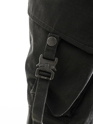 Image of URBAN MONKEY Ripstop Cargo Pants / / Black 65% Polyester 35% Ripstop Solid Relaxed Fit True to Size Full Length Contrast Stitch Detailing Button and Zip Closure with Belt Loops 12 Functional Pockets