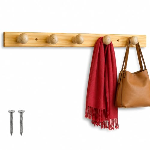 Perchero de madera pared para atornillar, Colgador de pared de ropa, Percha de pared clasica, Soporte para colgar de madera, 55.6 cm ancho x 5 cm alto, Madera, 5 pomos