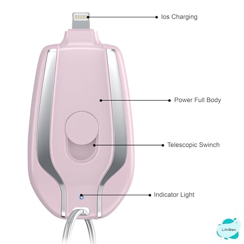 Image of Mini Keychain Emergency Charger,New Power Pod Wireless Charging Compact Portable /Travel Friendly 1500 mAh with Build in Lightning Output Pin Compatible with All iOS Devices - Pink