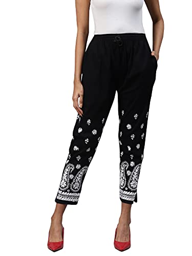 Ada Pantalón Palazzo de Algodón Lucknow Chikankari Bordado a Mano para Mujer XL711125 Negro
