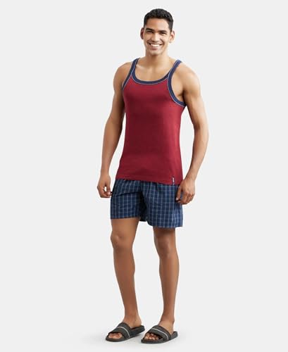 Image of Jockey US54 Men's Super Combed Cotton Rib Square Neckline Gym Vest with Back Panel Graphic Print (Shoulder Starp Color May Vary)