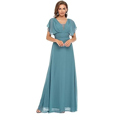 Ever-Pretty Damen V-Ausschnitt Lotusblattärmel Hohe Taille Chiffon Elegant Maxi Abendkleider Staubiges Blau 38 Cover