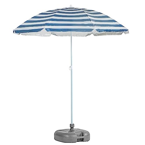 Harbour Housewares Blue Striped Beach Parasol with Base - 1.74 x 1.93m - UPF 50+ Portable Garden Umbrella with Grey Base Lightweight UV Sun Protection Umbrella for Picnics, Garden and Beach Days