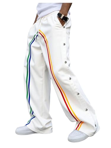 Men's Striped Baggy Sweatpants Y2k Side Button Drawstring Waist Straight Leg Stacked Track Pants with Pocket