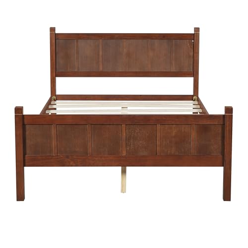 Image of Full Size Vintage Bed Frame with Headboard, Farmhouse Wooden Platform Bed with Under-Bed Storage, Minimalist Modern Wood Grain Finish Bedframe for Bedroom (Dark Walnut)