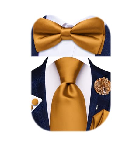 Image of Hi-Tie 5Pcs Mens Solid Color Silk Tie Satin Pretied Bowtie Lapel Pin for Men Handkerchief Cufflink Wedding Gift Box