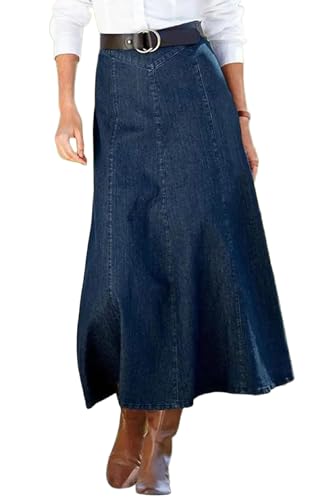 Damen Vintage Denim Maxirock Lässiger Hoher Taillen Flowy Swing...