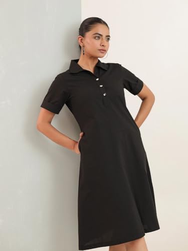 Image of Amazon Brand - INKAST Women Wide Collared Solid A -line Bottuned Mini Dress with Pockets | Summer Outfits | 100% Cotton | Casual Wear | One Piece