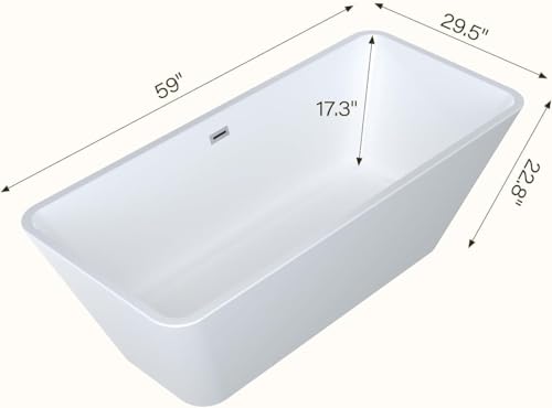 Image of 59 inch Acrylic Freestanding Bathtub with Chrome Drain Kit, Contemporary Square Soaking Tub with Overflow and Flexible PVC Drain Pipe, Double-Walled Insulation, cUPC Certified, Glossy White Finish