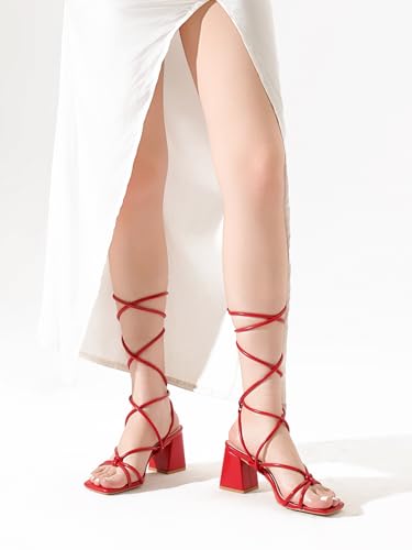 Image of Shoe'N Tale Lace Up Heels for Women Ankle Strappy Gladiator High Heeled Sandals Chunky Block Heel Square Open Toe Criss Cross Dress Shoes