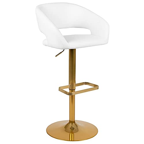 Flash Furniture Erik Comfortable & Stylish Contemporary Barstool With Rounded Mid-Back And Foot Rest, Adjustable Height - White Vinyl With Gold Base #TOP5
