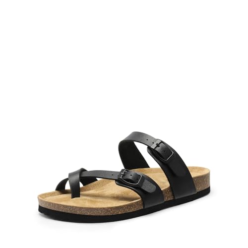 DREAM PAIRS DREAM PAIRS Women's Thong Slide Sandals with Cork Footbed Open Toe Adjustable Slip On Slippers Comfort Flat Sandals for Summer,Size 8,Black,SDSS2405W