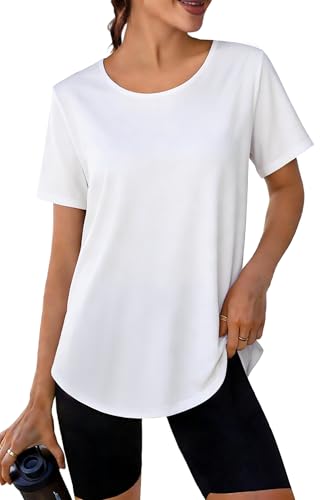 Crewhpo Sportshirt Damen Kurzarm Funktionsshirt Back Mesh Sportshirt UV-Schutz Leicht Laufshirt Fitness Locker Sport Oberteile UPF 50+ Atmungsaktiv Sport Tshirt Für Yoga Tennis S-XXL