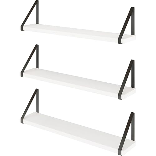Image of Decazone Floating Shelves for Wall Storage - Set of 3, MDF Board Bookshelves for Living Room, Bedroom, Kitchen & Office - Sturdy Wall-Mounted Display for Bookcase & Decor (White, Wide- 24 inch Inch)