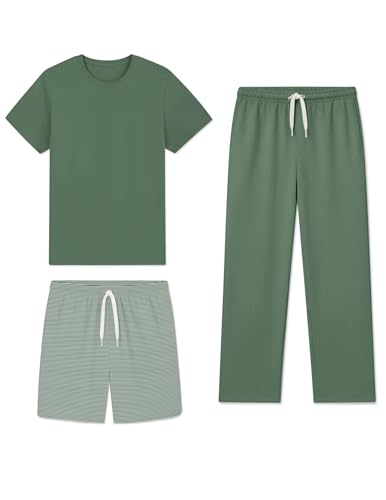 Andeip Mens Comfy Lounge Set Long Pants and Shorts with T-Shirt Stays Comfortable All Night Pajamas L Green
