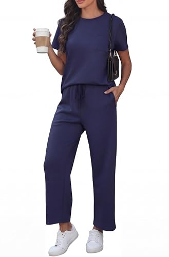 GRECERELLE Tenue de voyage deux pièces pour femme - Tenue d'été décontractée à manches courtes et col rond - Ensemble complet - Haut à manches courtes...