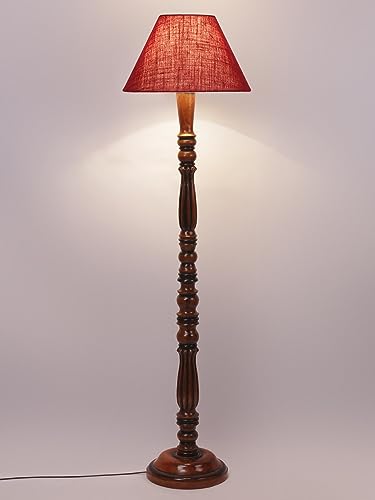 Image of Maroon Jute Shade Wooden Floor Lamp with Wooden Base, Height - 53 Inches | Contemporary Standing Lamp for Living Room, Bedroom & Office | Elegant Lighting for Stylish Home Interiors
