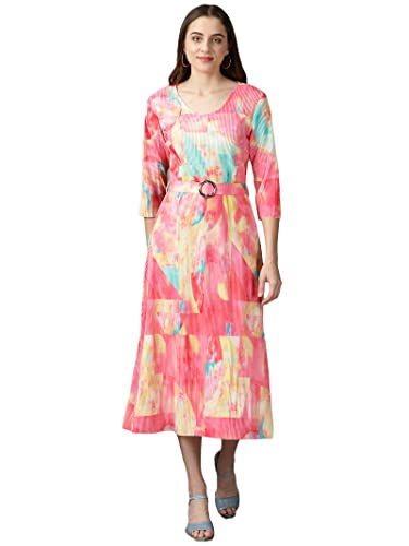 Image of SHOWOFFFF Women Colourblocked Fit and Flare Casual Dress | Round Neck 3 /4th Sleeves Cotton Dress for Womens | Midi Dress for Women's