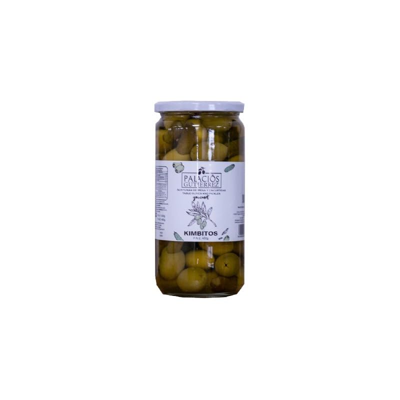 Aceitunas Kimbitos, Aceitunas manzanilla deshuesadas rellenas de pepinillos, Bote Olivas 500 gramos Palacios Gutierrez