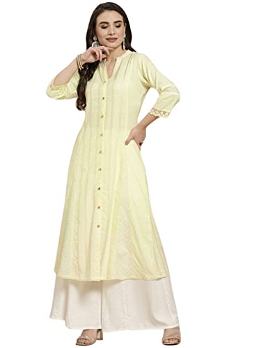 Image of Juniper Yellow Cotton Dobby Printed A-Line Kurta with Mask
