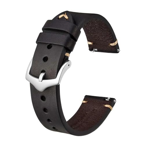 HMFang Crazy Horse レザー時計ストラップバンド、18mm 20mm 22mm、スマートウォッチ Huawei と互換性あり、Samsung Galaxy Gear と互換性あり、ブラック、グリーン、ブラウン(Black-Silver Bu