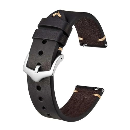 INEOUT Crazy Horse Bracelet De Montre En Cuir, 18 Mm, 20 Mm, 22 Mm, Compatible Avec La Montre Intelligente Huawei, Compatible Avec Samsung Galaxy Gear, Noir, Vert, Marron (Color : Black-Silver Buckle