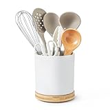 KitchenTour 360° Rotating Utensil Holder, 5.9' Large Utensil Crock with Wooden Base, Ceramic Kitchen Utensil Holder for Countertop, Cooking Utensil Organizer Farmhouse Decor, White