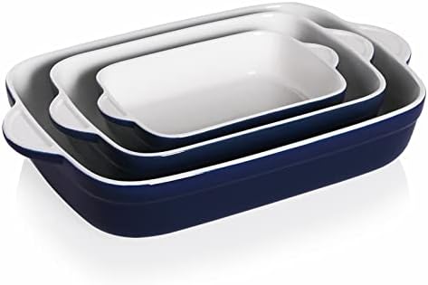 Sweejar Casserole Dishes for Oven, Ceramic Bakeware Set of 3, Lasagna Pan Deep with Handle, Rectangular Baking Pan Set, 9x13 Baking Dish for Cooking, Banquet and Daily Use (Navy)