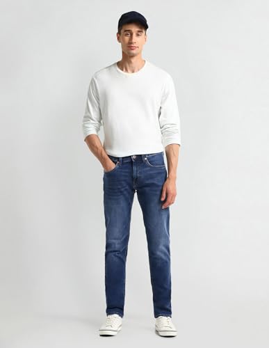 Image of Men's Dark-Blue Solid Mid Rise Light Button Stretchable Cotton Blend 1050 Men's Jeans (UDJEN1274 Dark-Blue 30)
