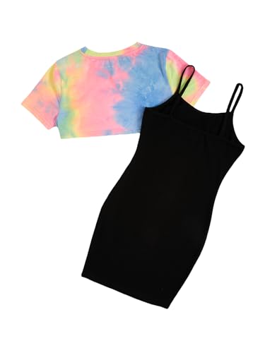Image of SOLY HUX Girl's 2 Piece Outfits Short Sleeve Crop Top and Cartoon Print Cami Dress Set