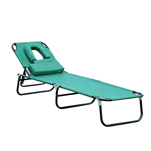 Outsunny - Outsunny Folding Outdoor Lounge Chair, Portable Reclining Beach Lounger with Face Hole, Detachable Pillow, 3-Position Adjustable Backrest, for Patio, Garden, Poolside, Dark Green