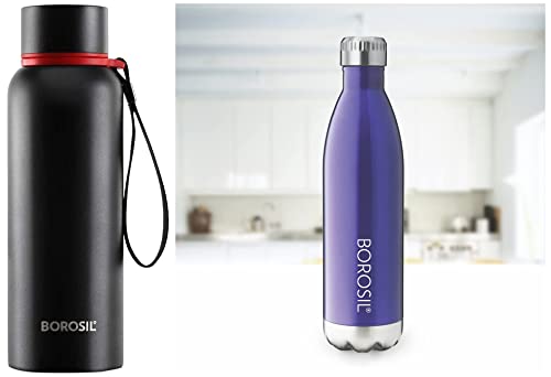 Image of Borosil - Stainless Steel Hydra Trek - Vacuum Insulated Flask Water Bottle, Black, 700ML & Borosil Stainless Steel Hydra Bolt Trans - Vacuum Insulated Flask Water Bottle, Blue, 1L