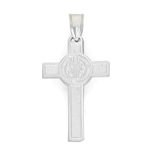 Solid 14k White Gold Crucifix Necklace - Doublesided Cross with Saint Benedict Pendant, Religious Jewelry Gifts3