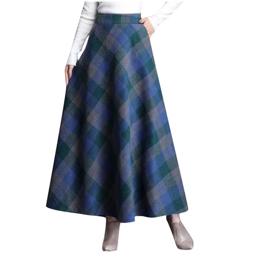 Womens Plaid Wool Skirts Elastic Waist A-Line Pleated Tartan Long Skirts Winter Warm Flare Retro Woolen Maxi Skirts
