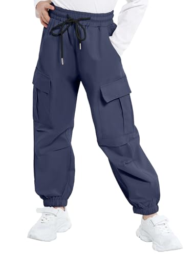 JiAmy Girls Cargo Joggers Drawstring Elastic High Waist Pants Loose Streetwear Lightweight with Pockets 6-14Y Navy Blue
