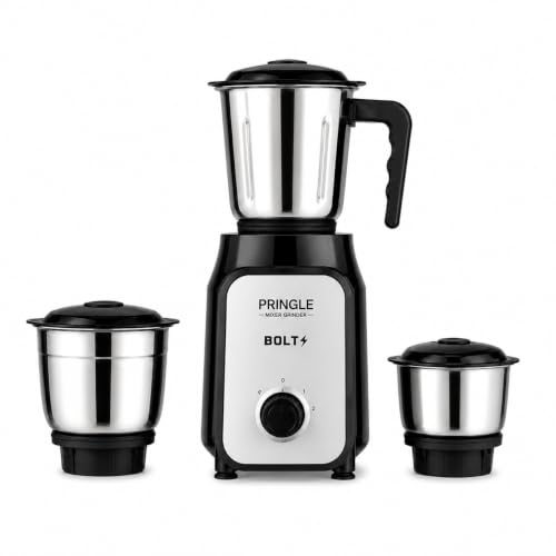Image of Pringle Bolt 550W 3 Jar Mixer Grinder for Kitchen | 3 SS Jars (Wet & Dry Grinder & Chutney) | Stainless Steel Blades | Compact & Powerful | 2 Yr Warranty | Black Silver