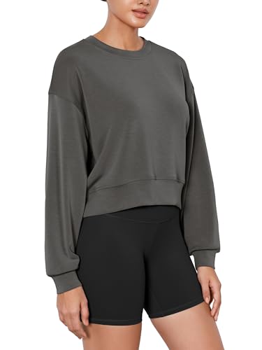 Image of ODODOS Modal Soft Long Sleeve Cropped Sweatshirts for Women Oversized Crew Neck Pullover Crop Top