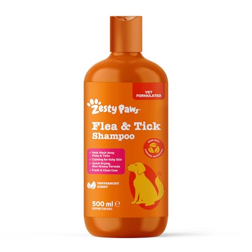 Zesty Paws Flea & Tick Shampoo for Dogs | Naturally Deters Pests & Eggs Soothes Itch & Irritated Skin Supports Healthy Coat | With Cedarwood Clove Rosemary & Peppermint Oil 500ml