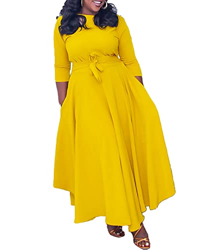 Image of SEMATOMALA Women's A Line Self Tie Waist Maxi Dress Round Neck Long Sleeve High Waist Plus Size Swing Flare Long Dresses