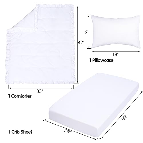Image of JISEN 3 Piece Baby Bedding Set - Soft Ruffle Crib Comforter Set with Quilt, Sheet, Pillowcase - Nursery Bedding for Boys or Girls - White