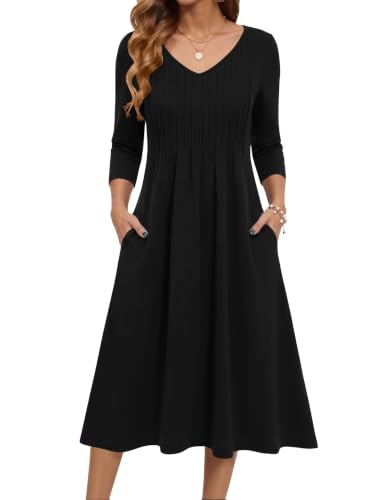 Image of Zeagoo 3 /4 Sleeve Women's Dress Pleated Midi Casual Dresses with Pockets