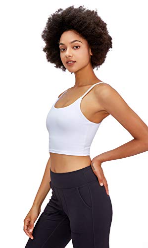 Lavento Women's Longline Sports Bra Yoga Cami Tank Top with Built in Bra (Medium,White)